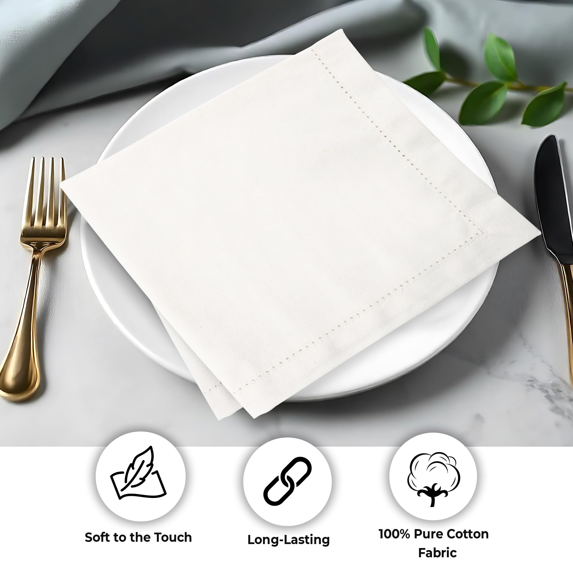 Urban Villa ivory napkins complement various decors and tableware.
