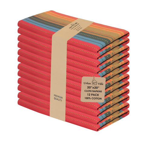 Urban Villa cloth napkins in red multi stripes, 20x20 inches, soft cotton for everyday dining