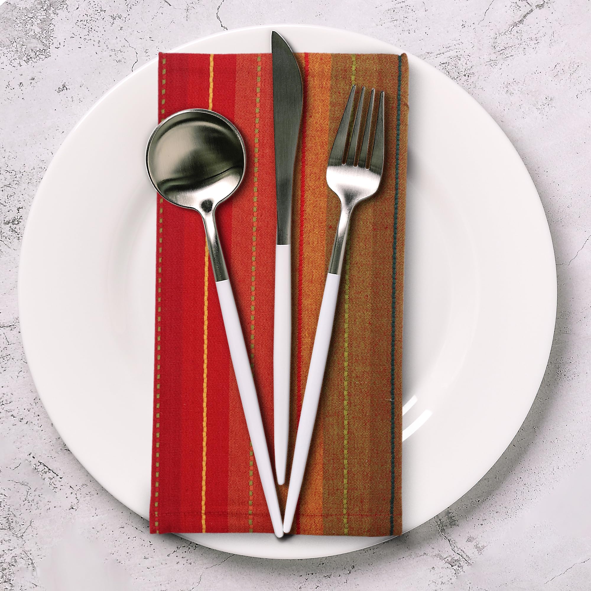 Urban Villa red multi stripes complement various dinnerware styles