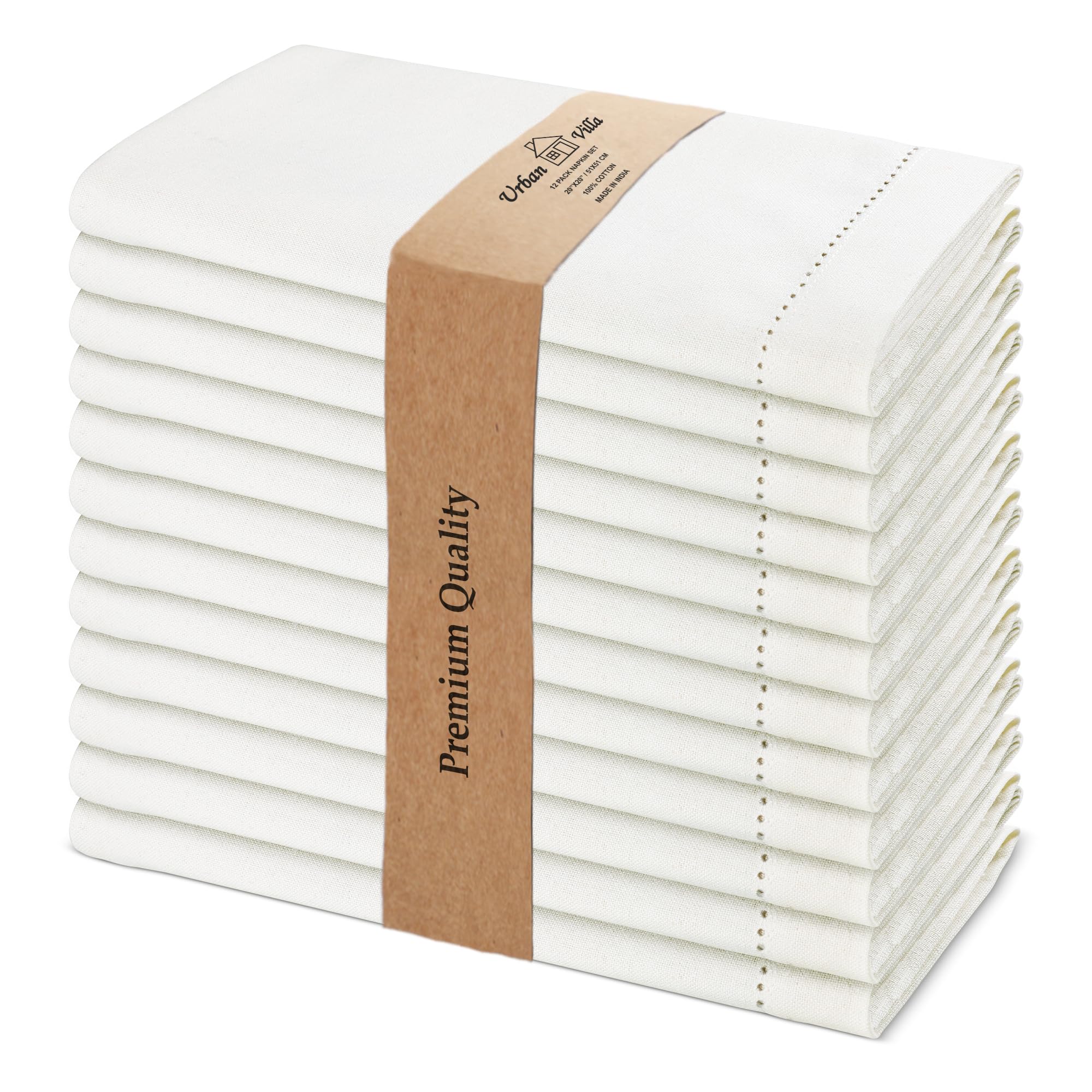 Urban Villa Ivory Hemstitch Napkins—closeup shows refined stitching and soft cotton.