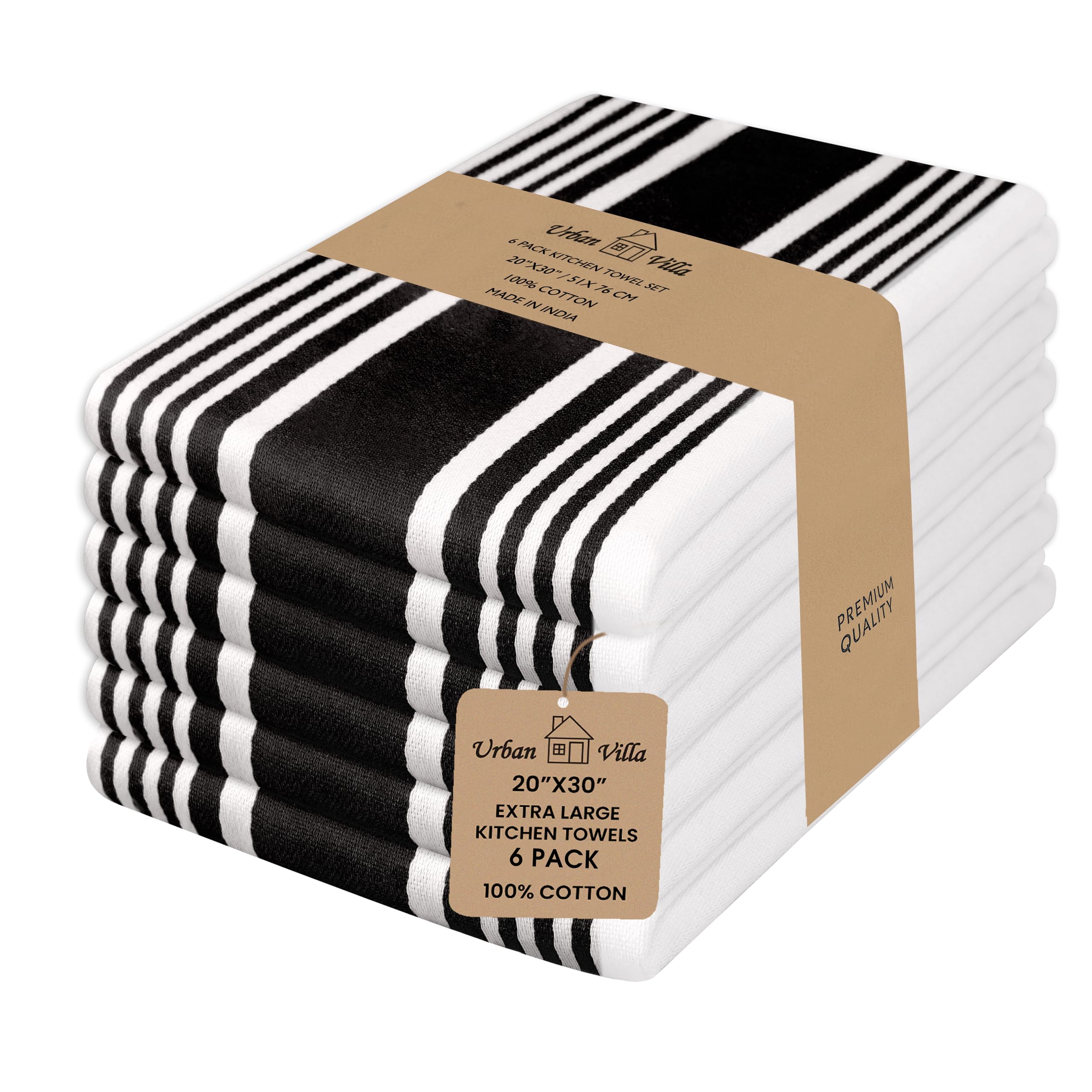 Urban Villa kitchen towels in a 6 pack, soft and highly absorbent for everyday use.