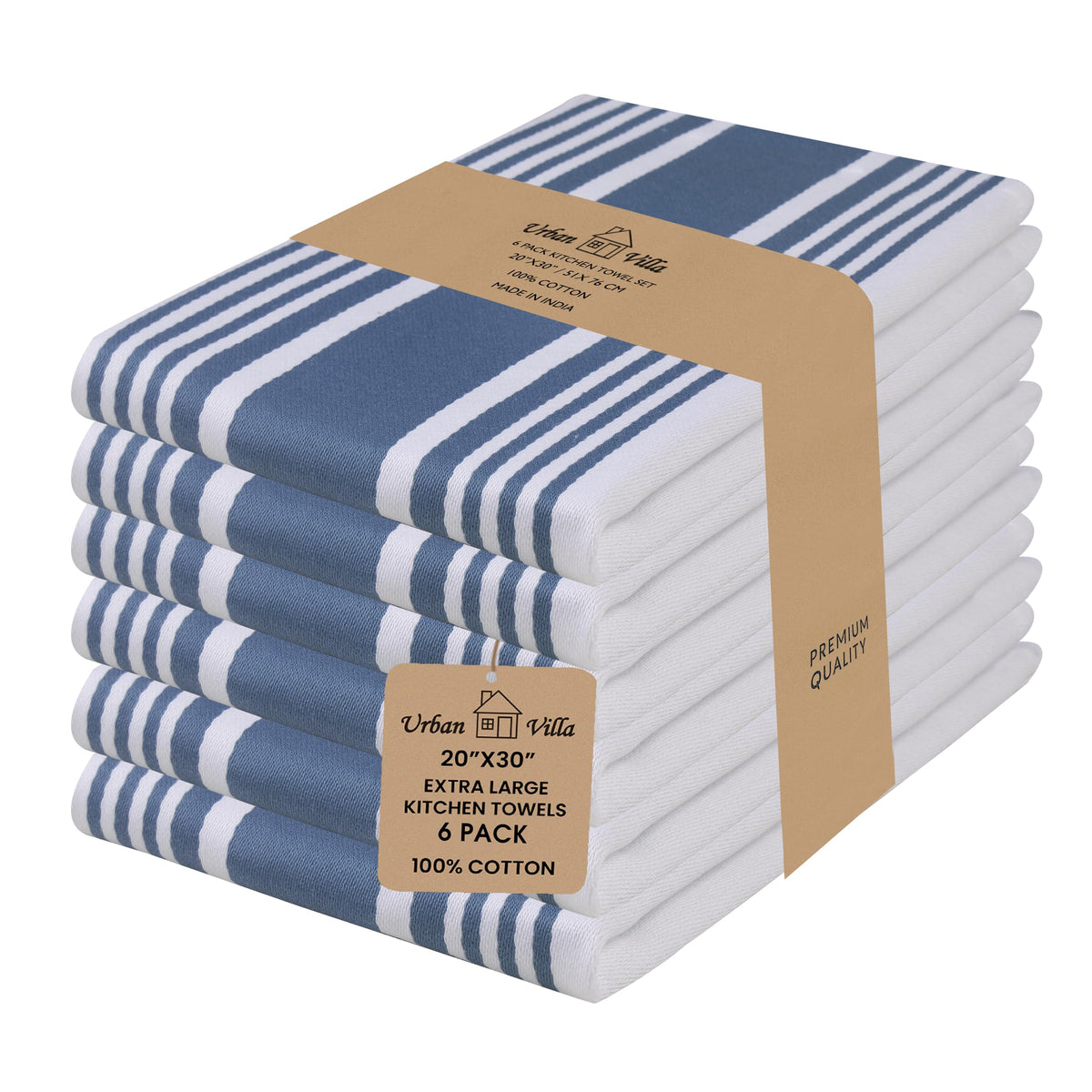 Urban Villa kitchen towels with 100-percent cotton for soft, high absorption.
