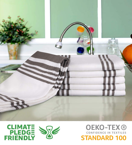 Urban Villa kitchen towels dove-grey stripe illustrate quick-dry performance.