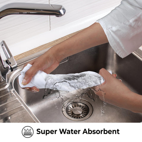 Urban Villa white kitchen towels designed for colorfast washing.