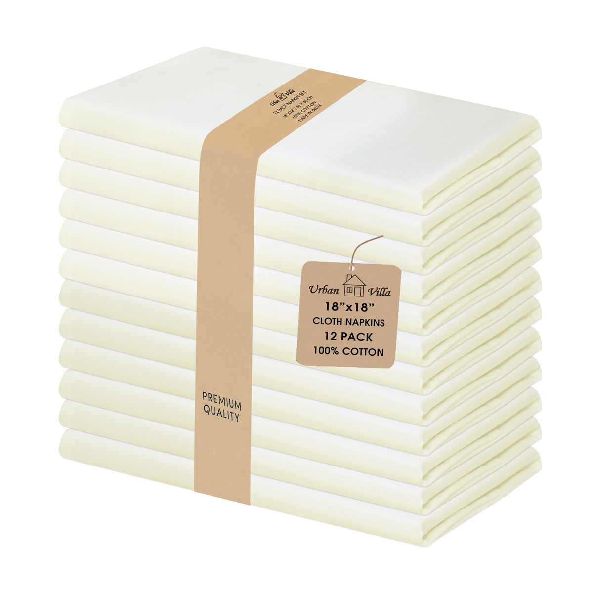 Urban Villa Ivory dining set napkins on a table, 18x18 inches.