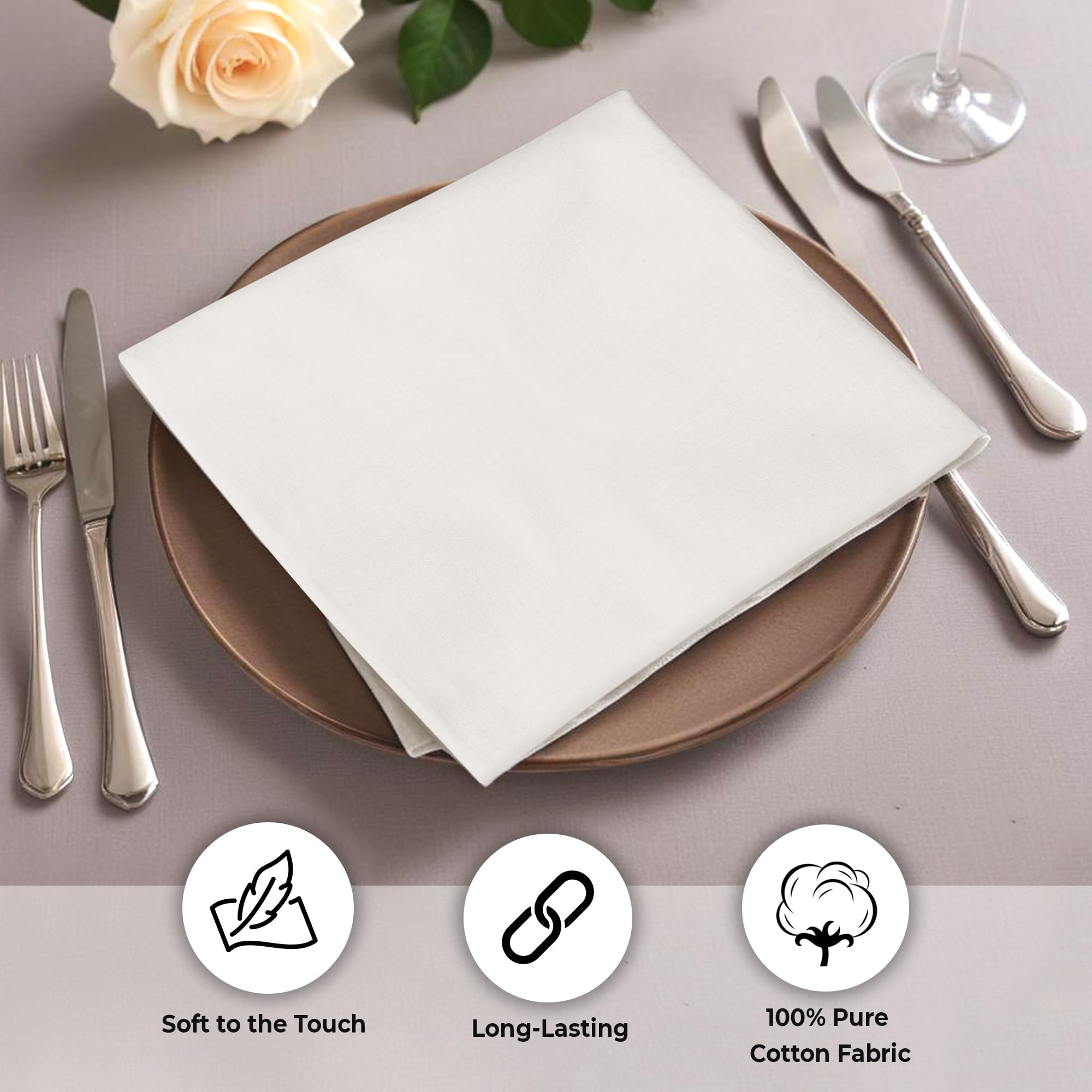 Urban Villa ivory napkins pre-washed, machine washable for easy care.