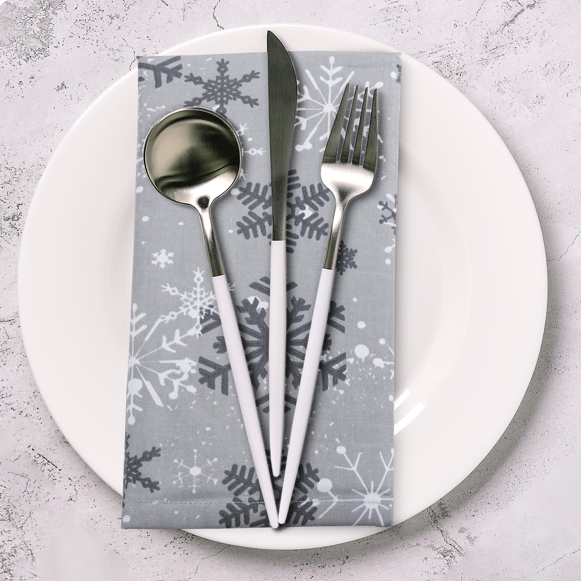 Urban Villa wedding banquet setup with grey snowflake napkins