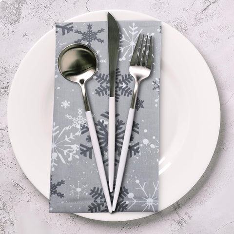 Urban Villa wedding banquet setup with grey snowflake napkins