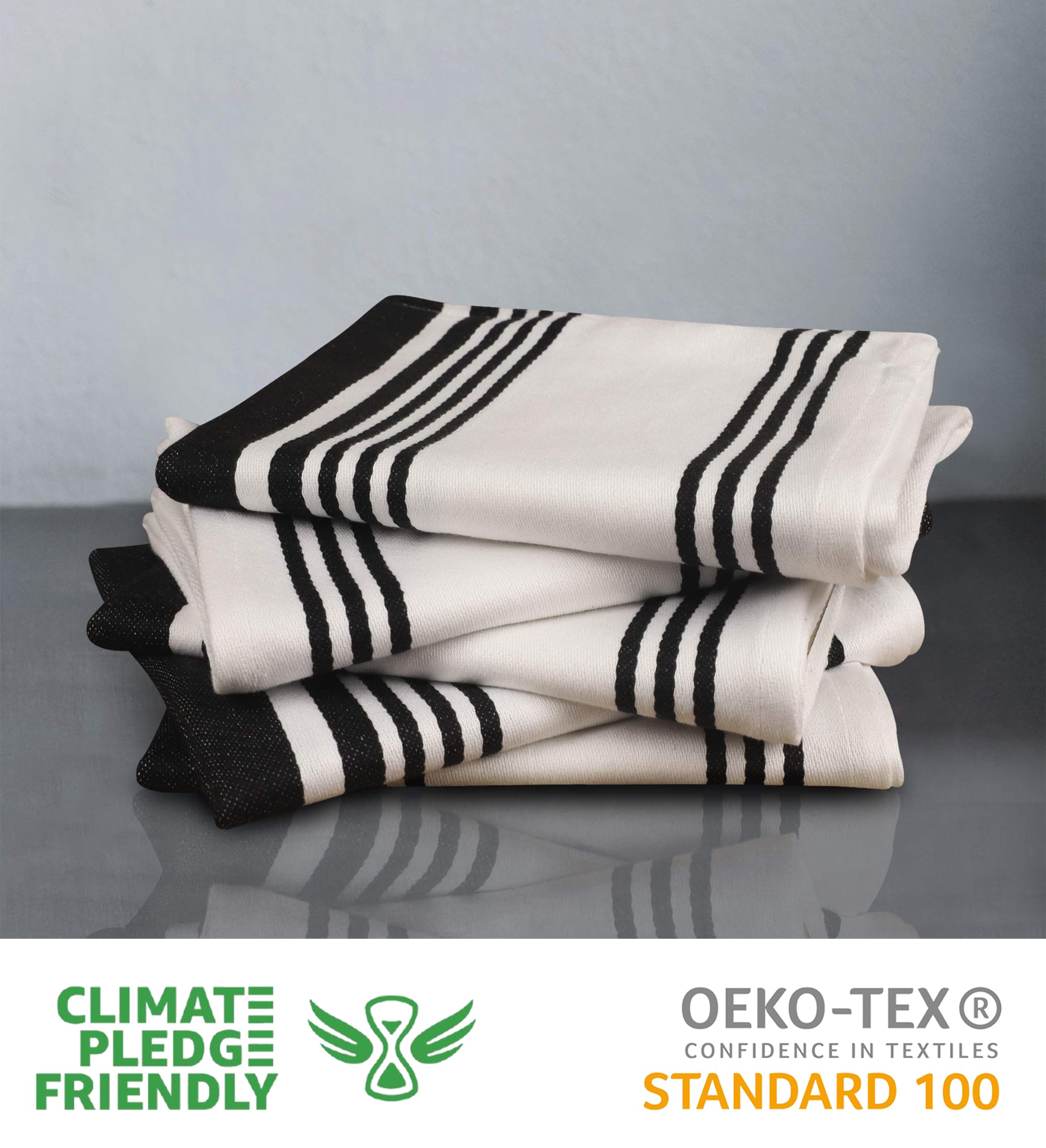 Urban Villa striped black and white towels for quick drying and lint free cleaning.
