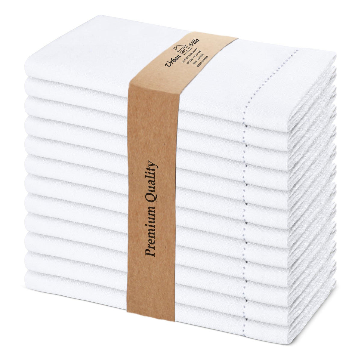 Urban Villa white hemstitch napkins in 20x20 size for elegant table settings at meals.