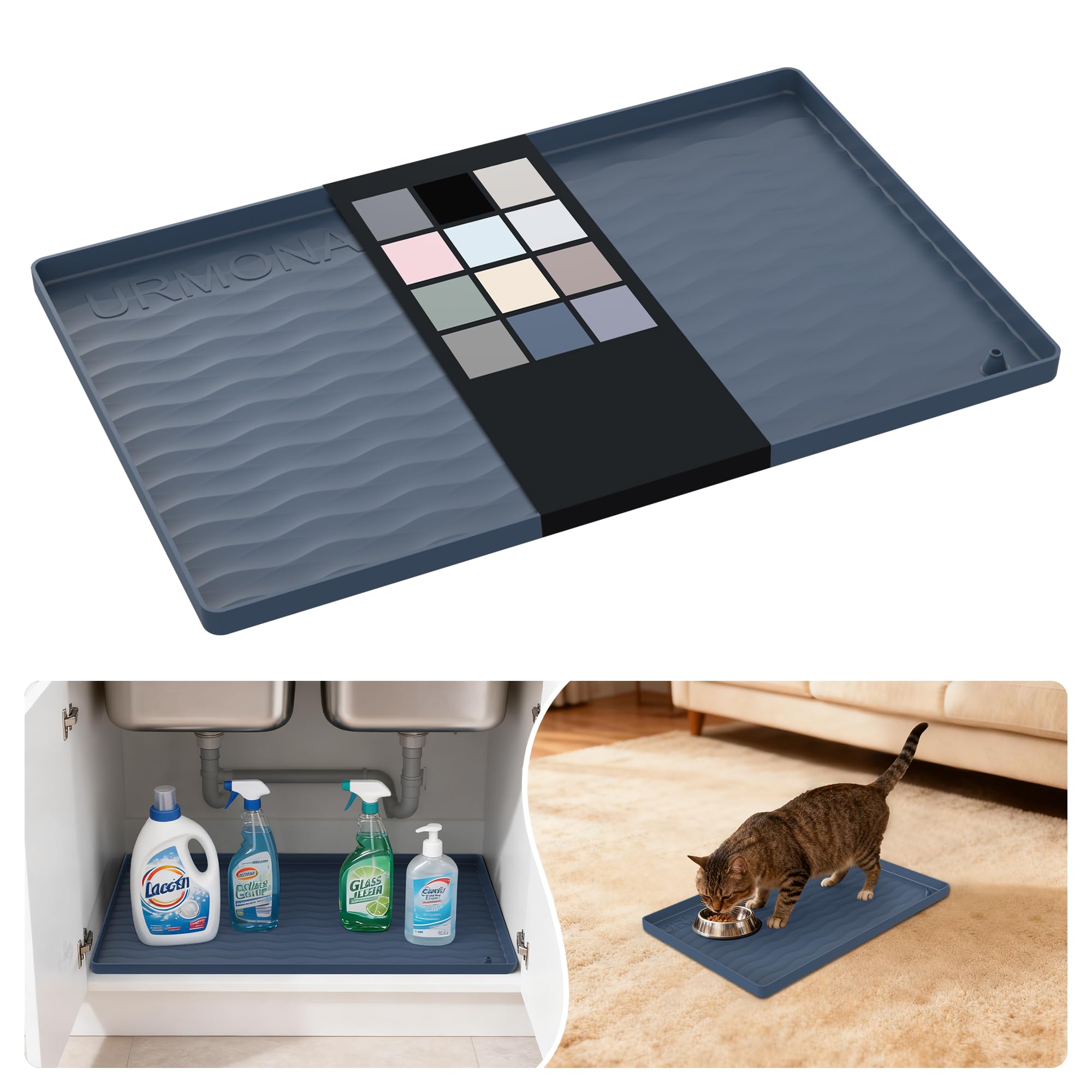 URMONA under-sink mat in action protecting a cabinet from spills and moisture