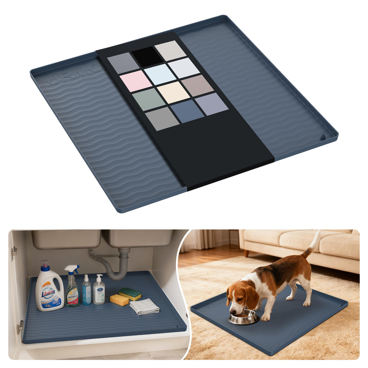 URMONA under-sink mat in dark grey protects cabinets from spills and leaks.