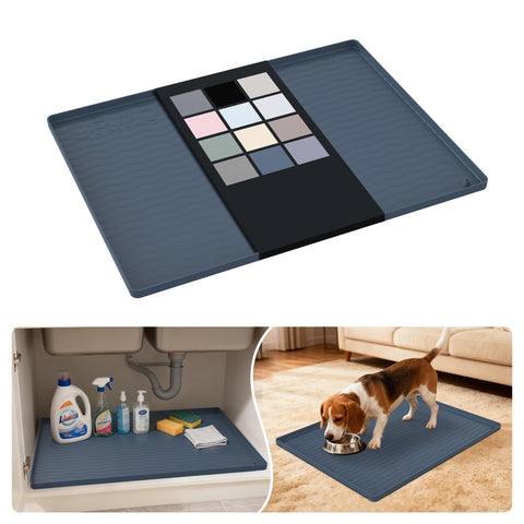 URMONA dark grey under-sink mat with foldable edges for tight spaces and spill protection.