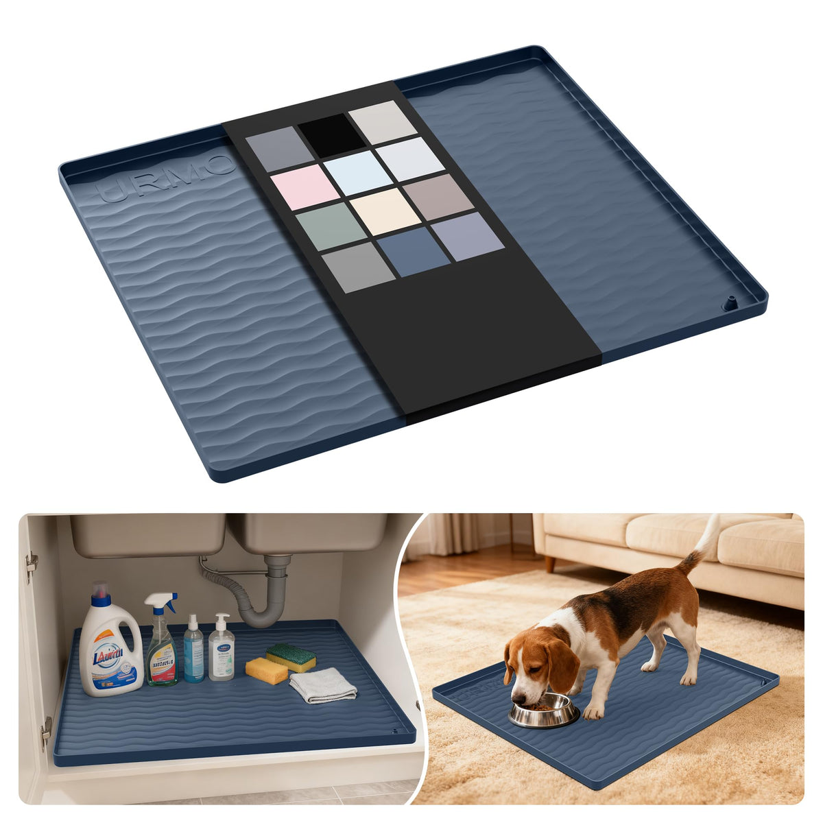 URMONA under-sink mat with foldable edge protects cabinets and simplifies cleanup.