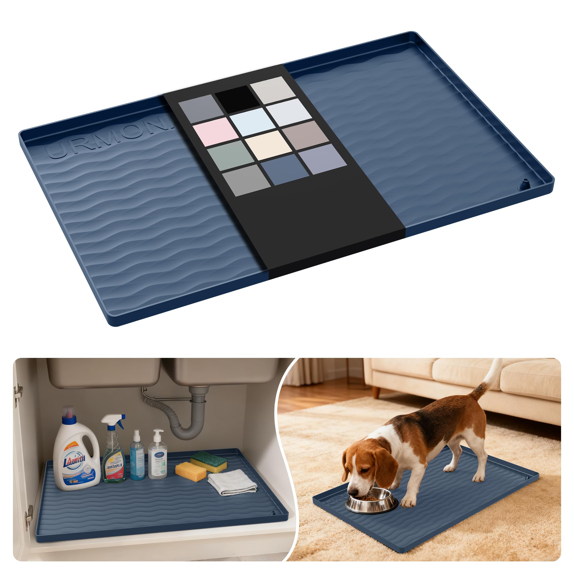 URMONA under-sink mat in waterproof silicone protects surfaces and contains spills.