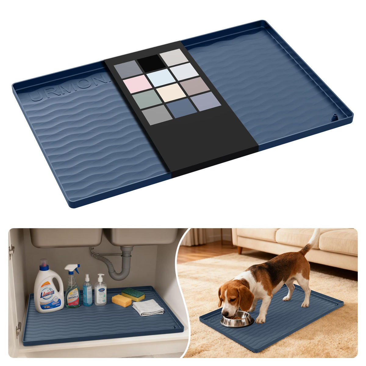URMONA under-sink mat in waterproof silicone protects surfaces and contains spills.