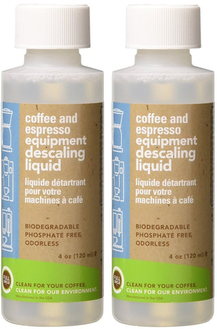 Urnex Biocaf descaling bottle pour removes lime scale to improve coffee flavor