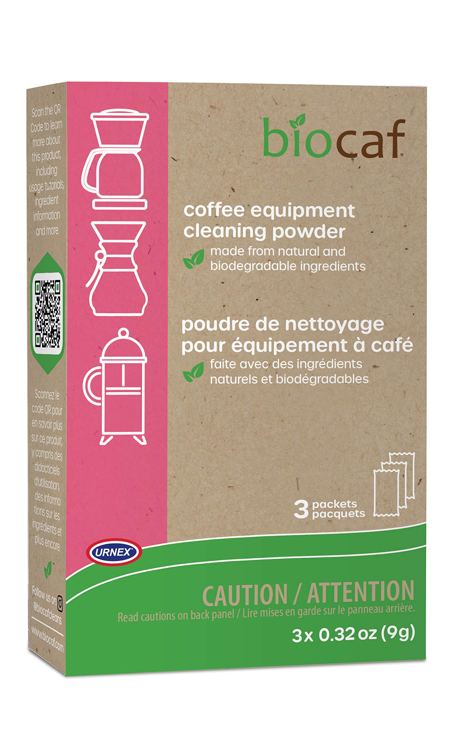 Urnex Biocaf three-pack cleaner packets for easy machine cleaning and oil buildup prevention.