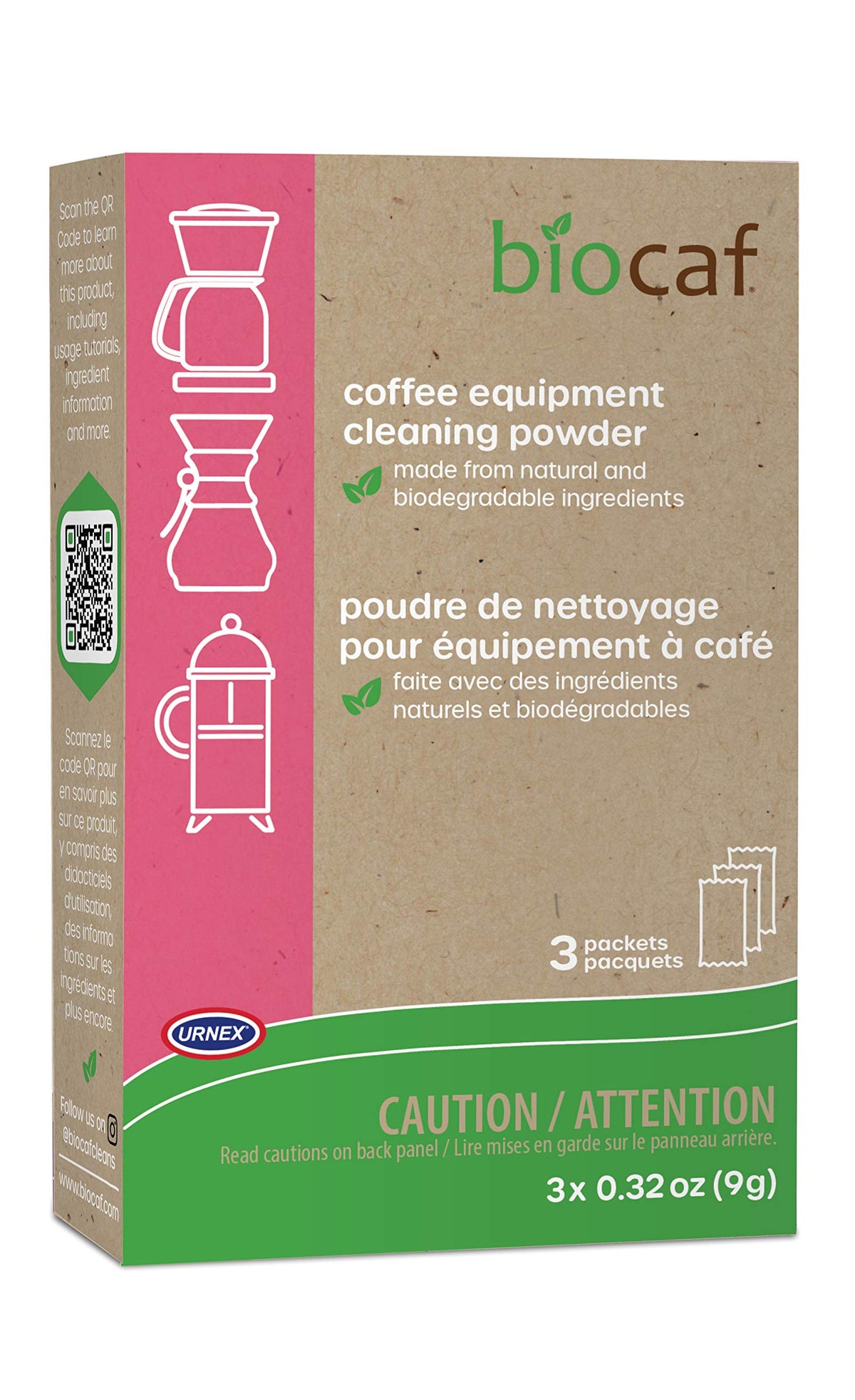 Urnex Biocaf three-pack cleaner packets for easy machine cleaning and oil buildup prevention.