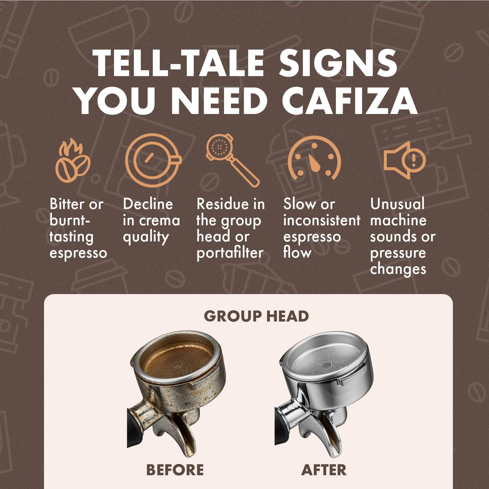 Urnex Cafiza backflush cleaner applied to espresso machine components for clean group heads.