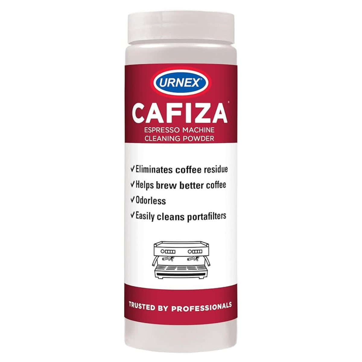 Urnex Cafiza espresso machine cleaner powder shown for deep cleaning and easy rinsing