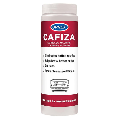 Urnex Cafiza espresso machine cleaner powder shown for deep cleaning and easy rinsing