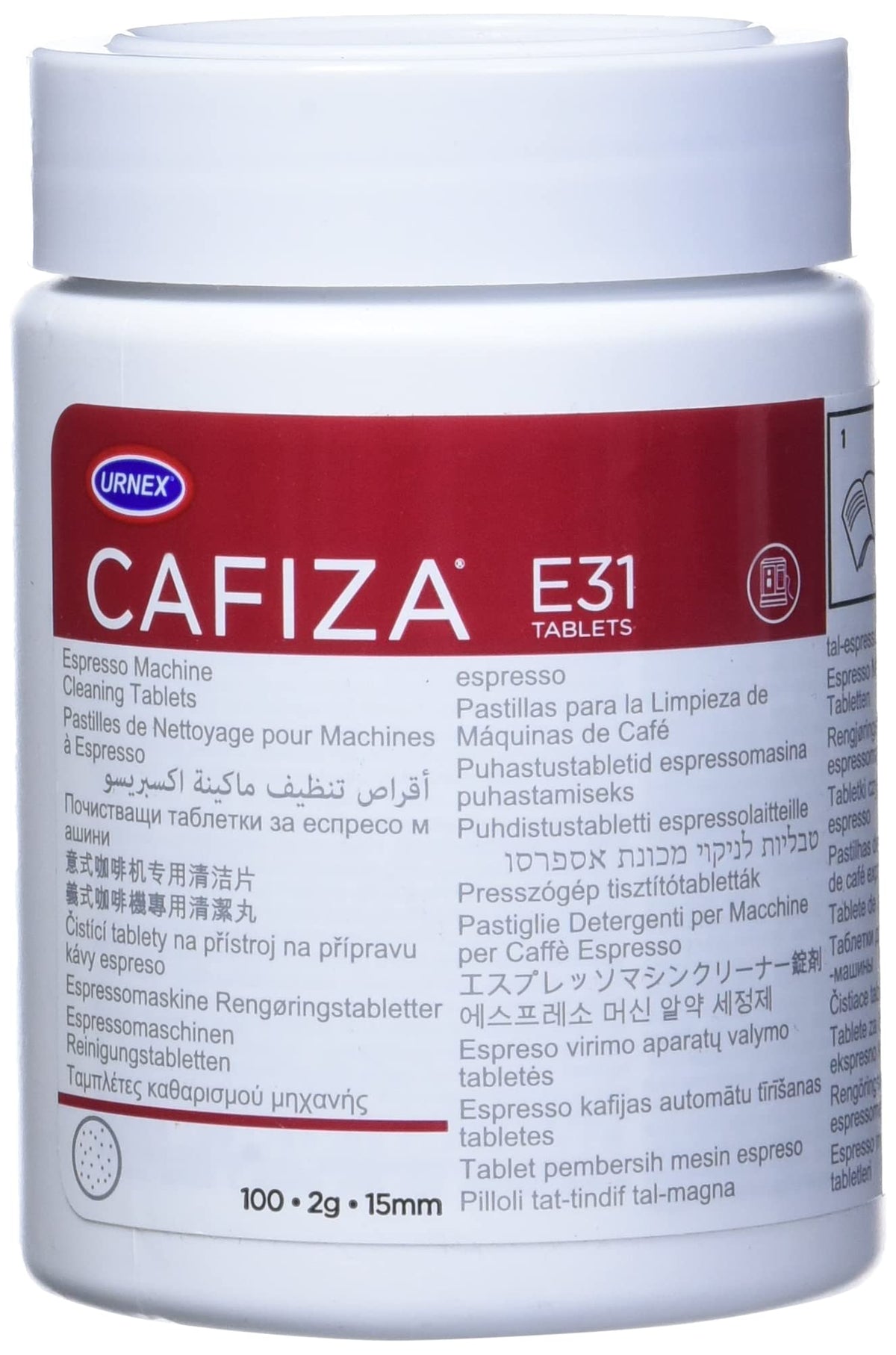 Urnex Cafiza cleaning tablets in a jar for espresso machines, easy dosing