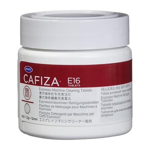 Urnex Cafiza espresso cleaning tablets in a jar, ideal for professional cleaning.