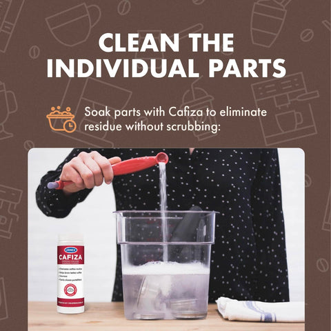 Urnex Cafiza dissolves oils and coffee residue from commercial espresso gear.