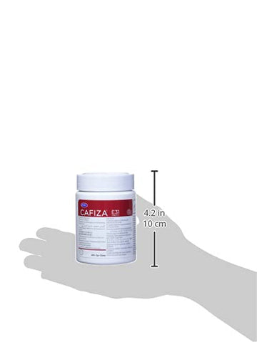 Cafiza jar and tablets support regular espresso machine maintenance