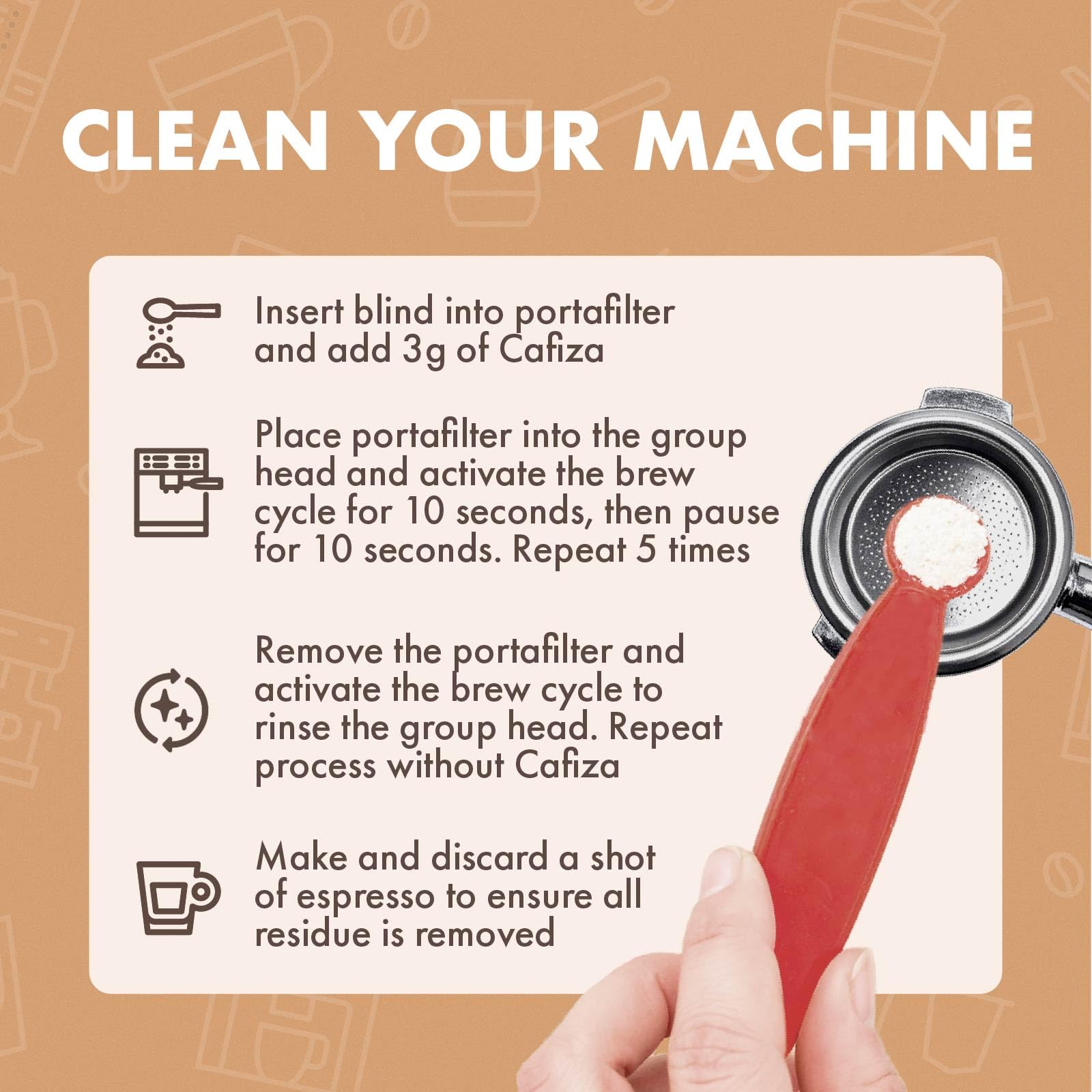 Urnex Cafiza cleans portafilters for better lever performance and crema.