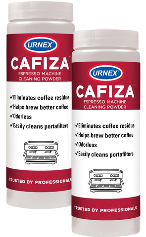 Urnex Cafiza professional cleaner powder packaging for espresso machine maintenance.