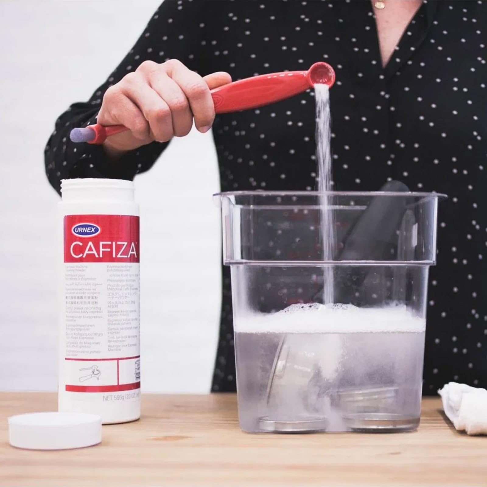 Urnex Cafiza professional cleaner powder ready for use in cafes