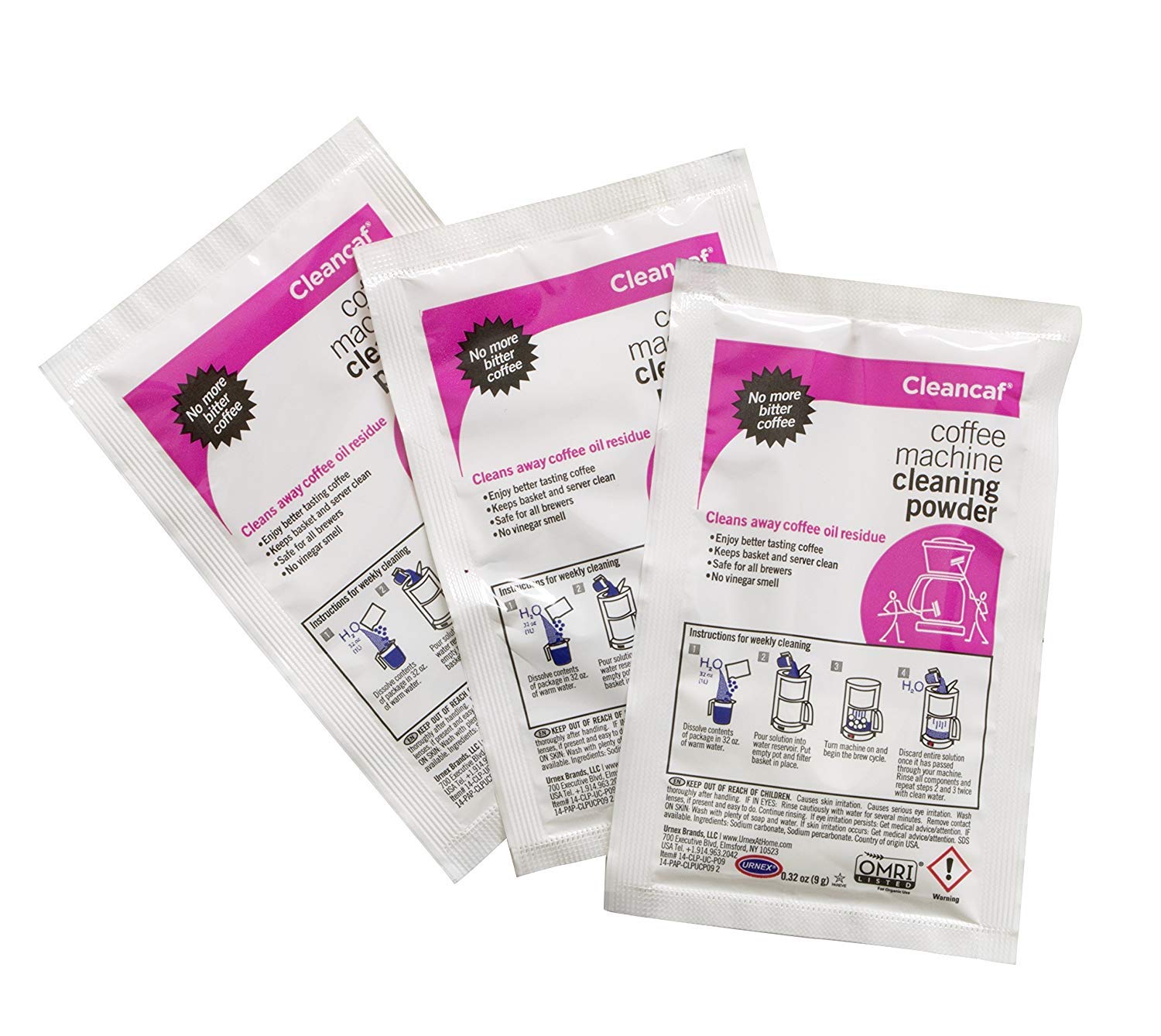 Urnex Cleancaf blue dye visual cue in brew chamber ensures thorough rinsing.
