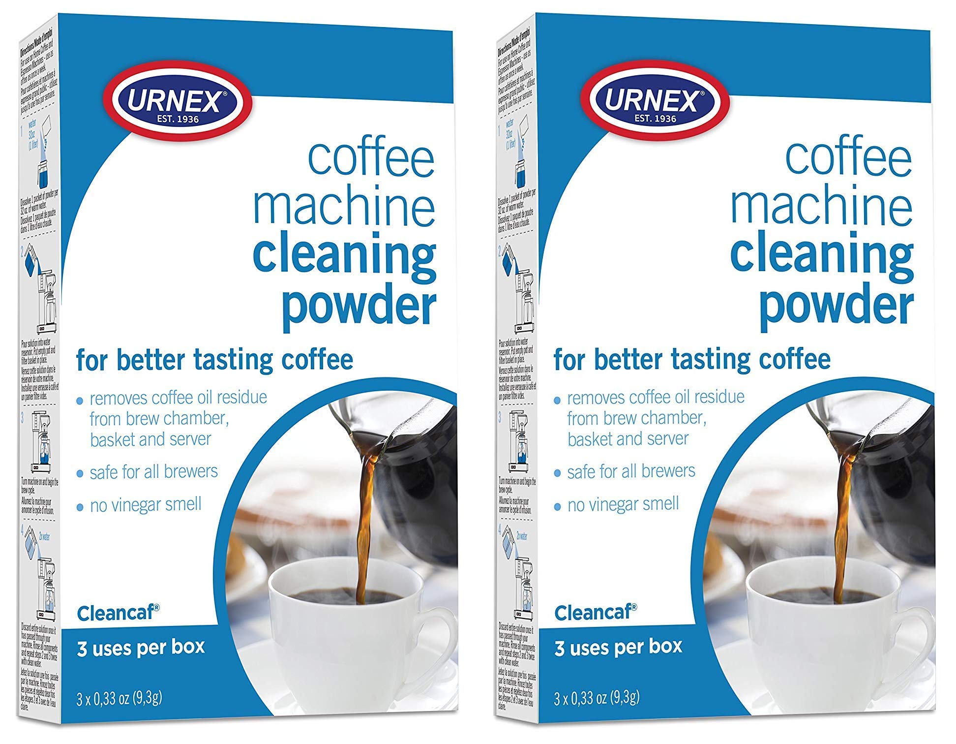 Urnex Cleancaf powder packaging for easy at-home cleaning.