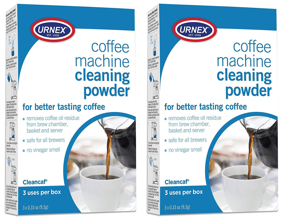 Urnex Cleancaf powder packaging for easy at-home cleaning.