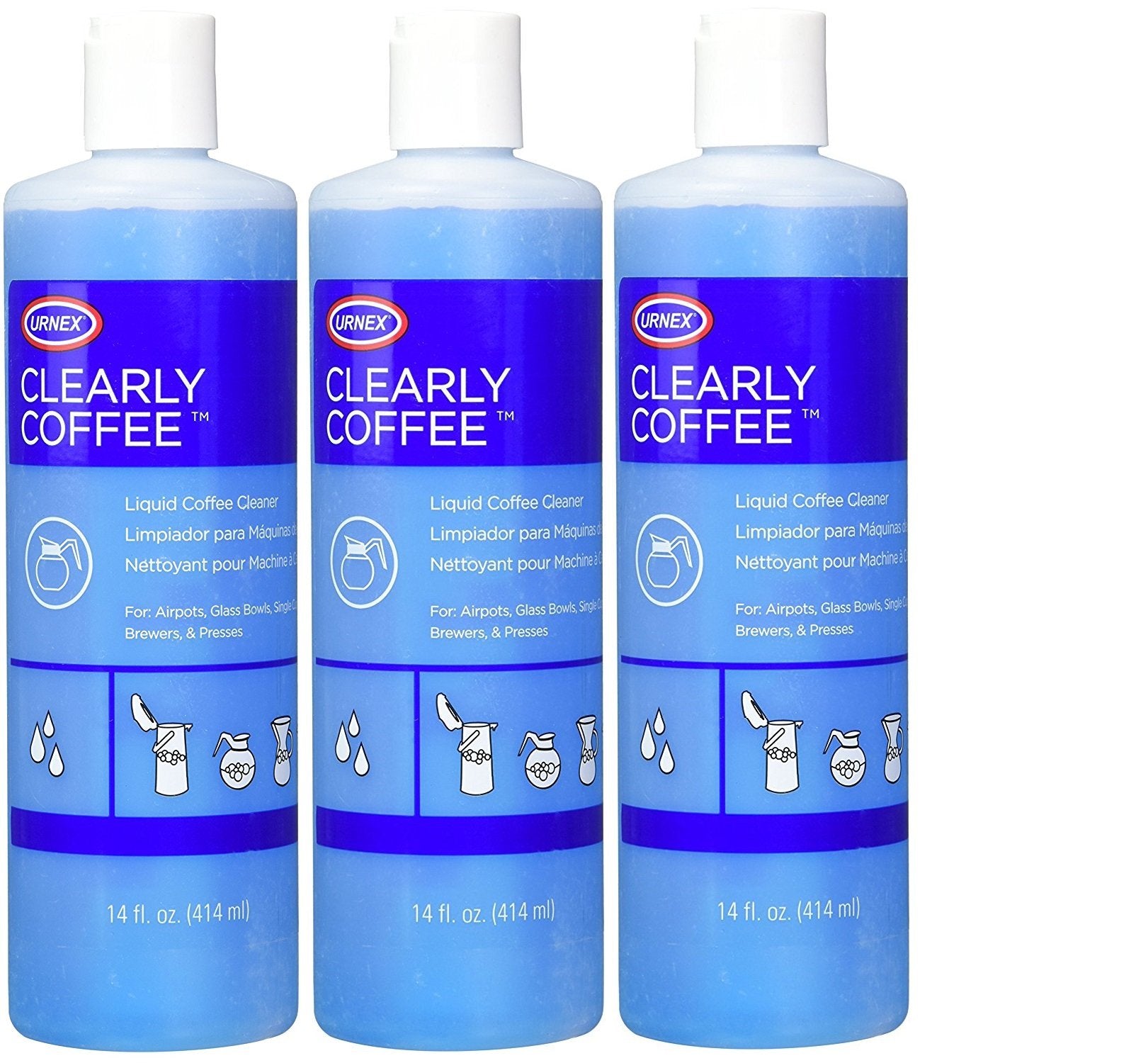 Urnex Clearly Coffee Pot Cleaner 3-pack bottle for quick, ready-to-use cleaning