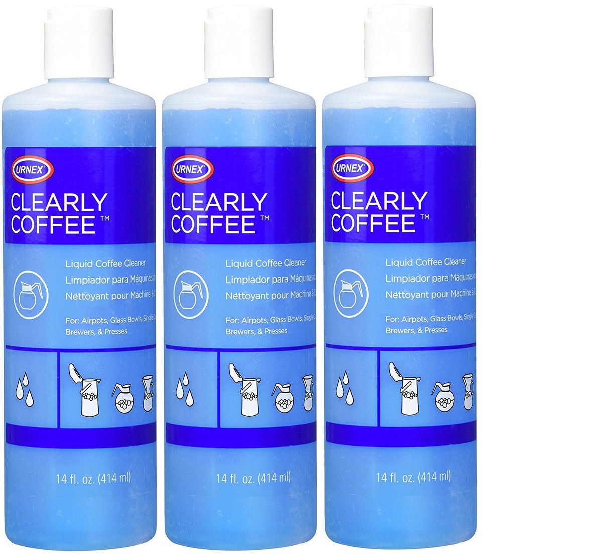 Urnex Clearly Coffee Pot Cleaner 3-pack bottle for quick, ready-to-use cleaning