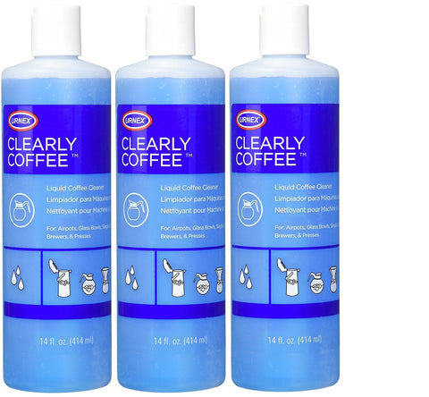 Urnex Clearly Coffee Pot Cleaner 3-pack bottle for quick, ready-to-use cleaning