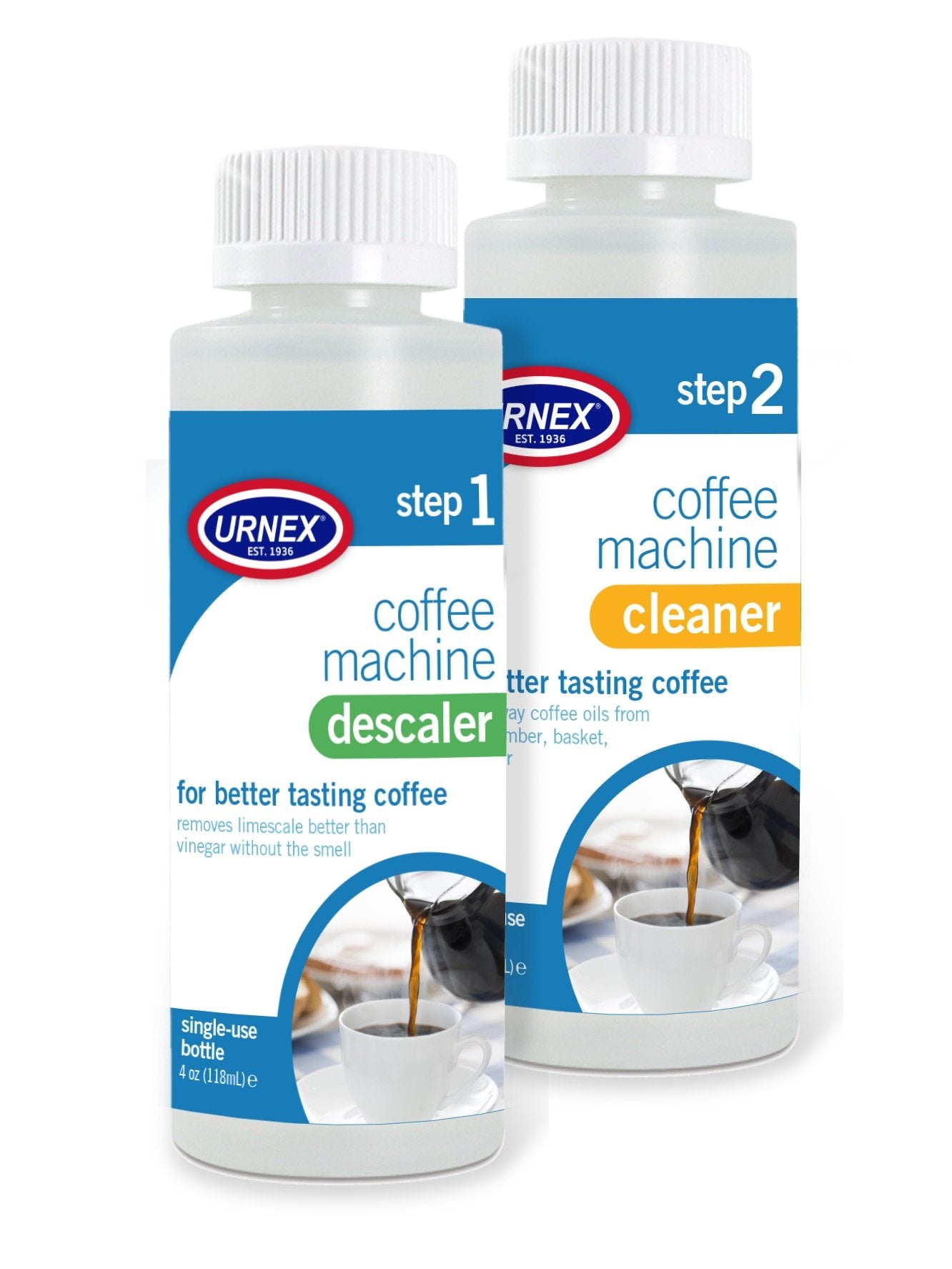 Urnex Coffee Maker Cleaner and Descaler Kit packaging for home maintenance of drip machines.