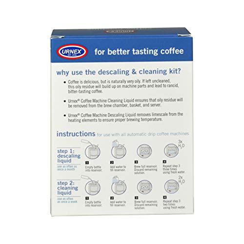 Urnex descaler liquid dissolving mineral buildup to extend coffee maker life.