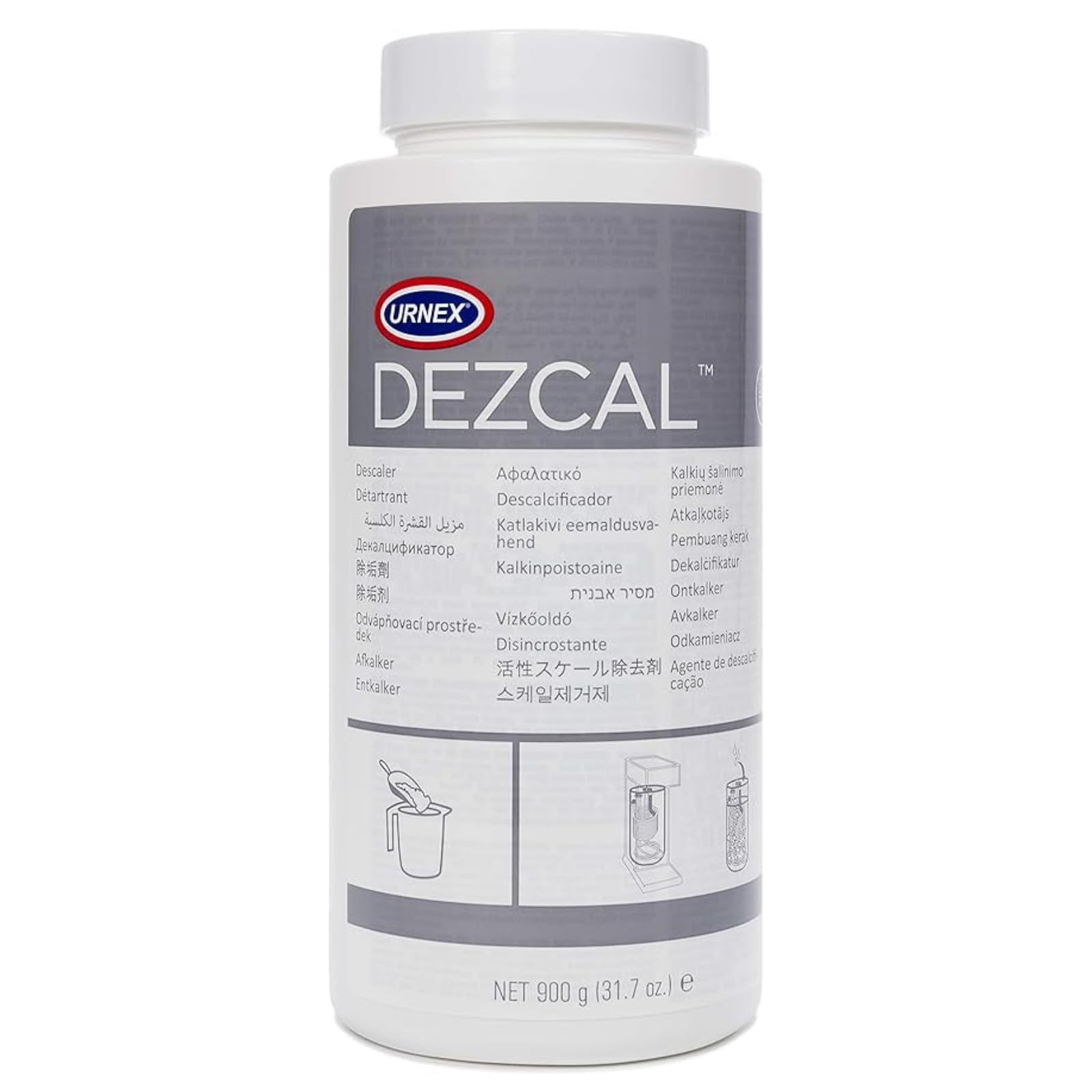 Urnex Dezcal bottle with descaler powder for fast lime buildup removal.
