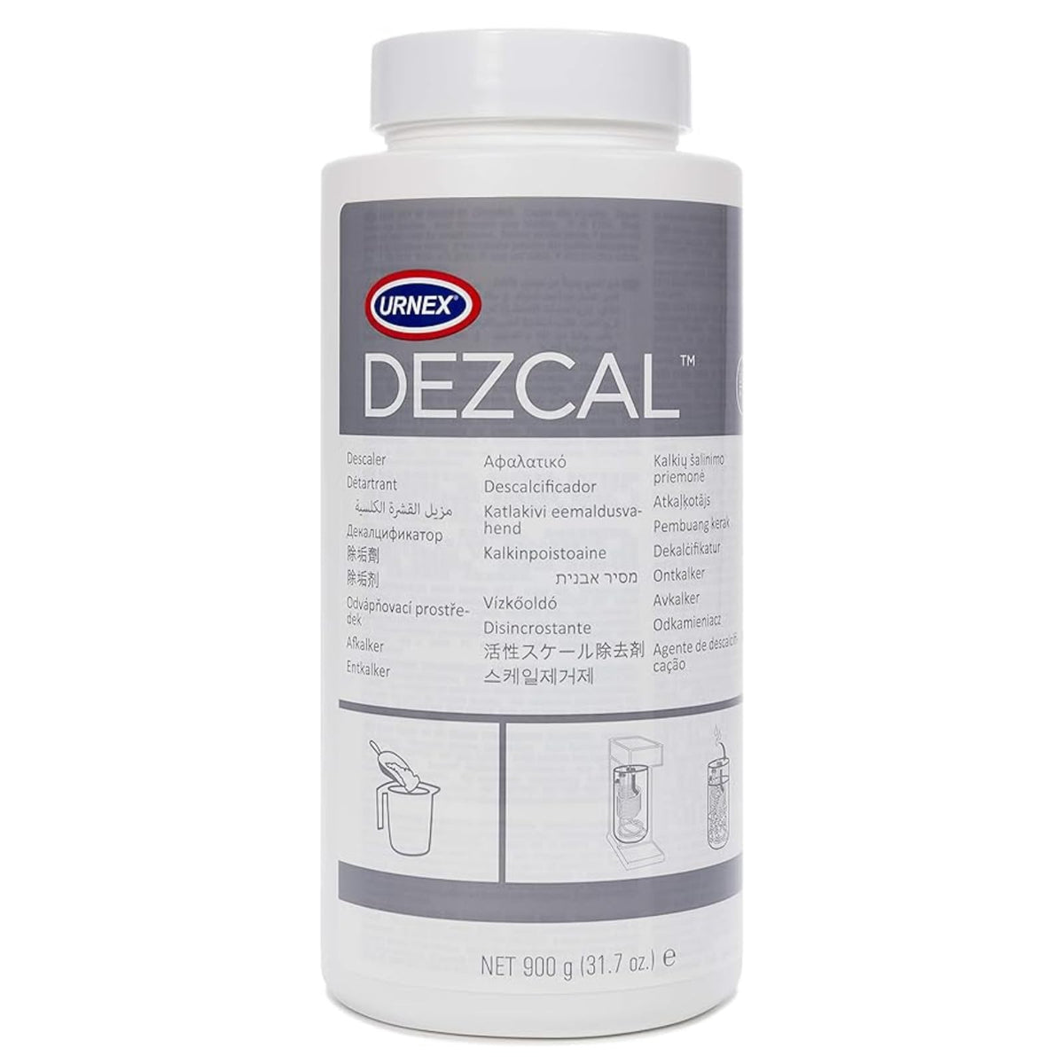 Urnex Dezcal bottle with descaler powder for fast lime buildup removal.