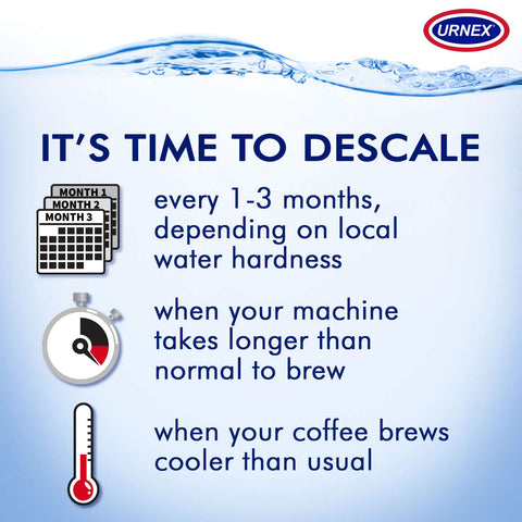 Urnex Dezcal bottle and packet setup on kitchen counter