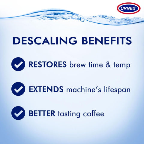 Urnex Dezcal descaler for espresso machines reduces scale buildup and preserves performance.