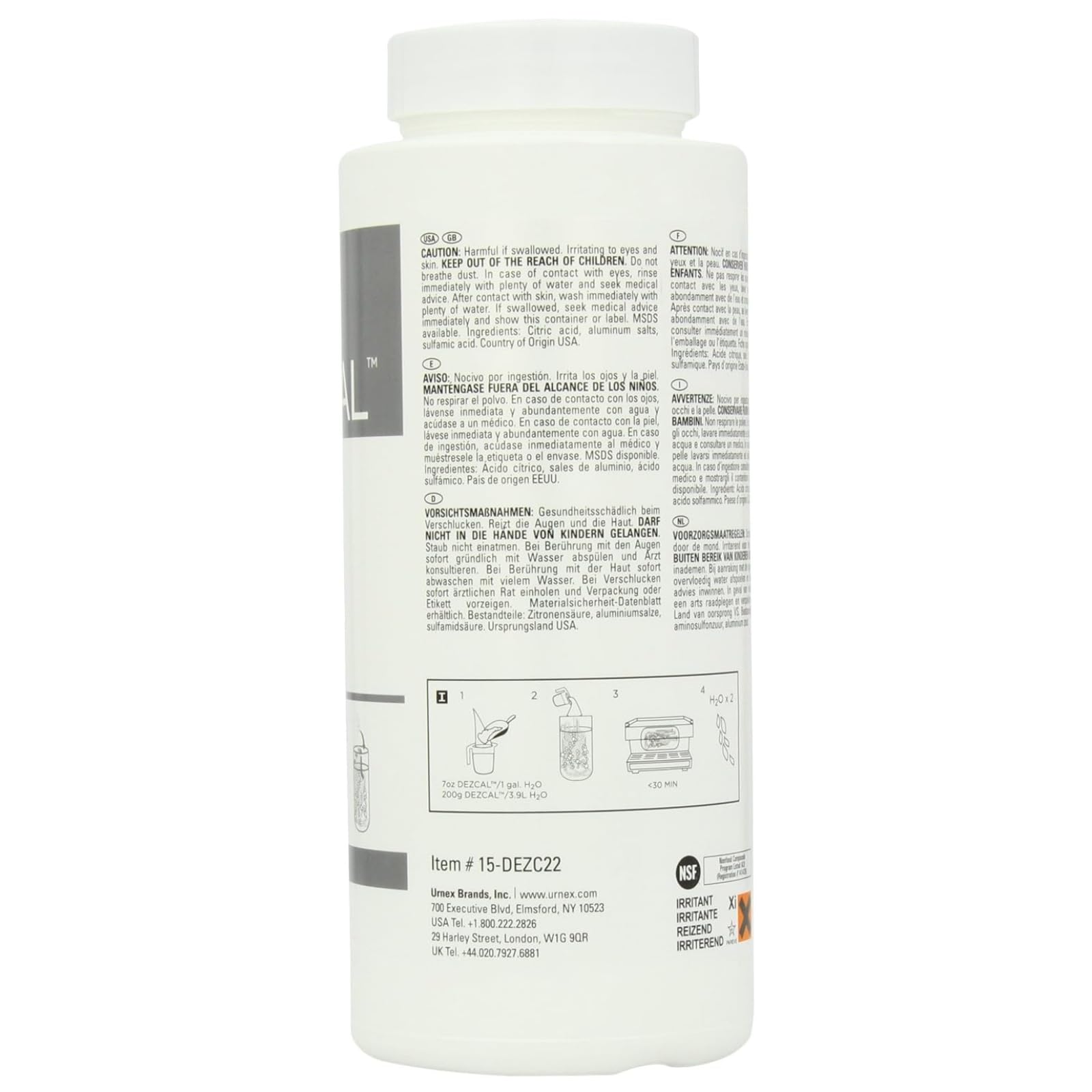 Urnex Dezcal descaler powder used on kettles for efficient heating and cleaner pours.