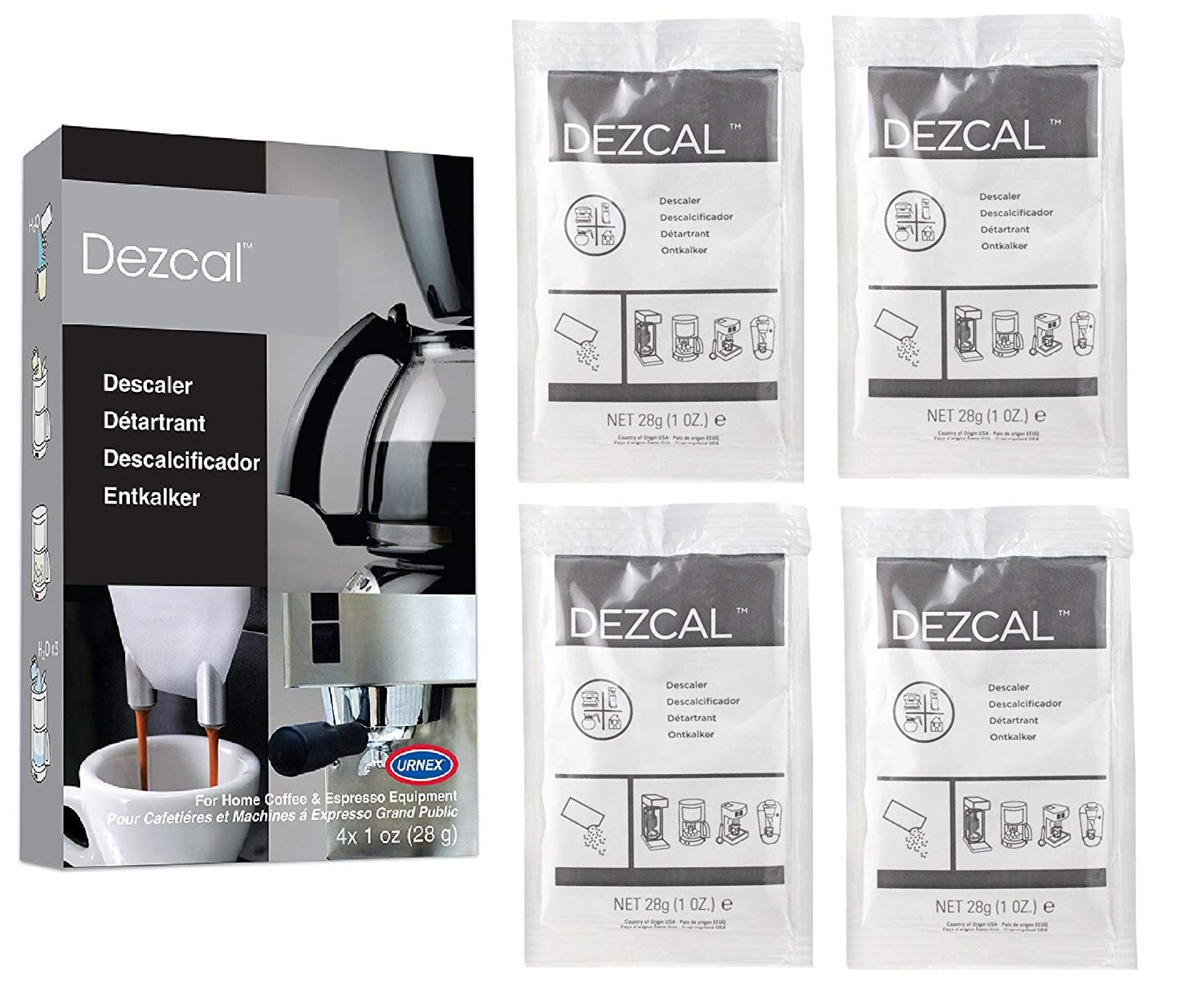 Urnex Dezcal two-pack boxes for convenient home descaling