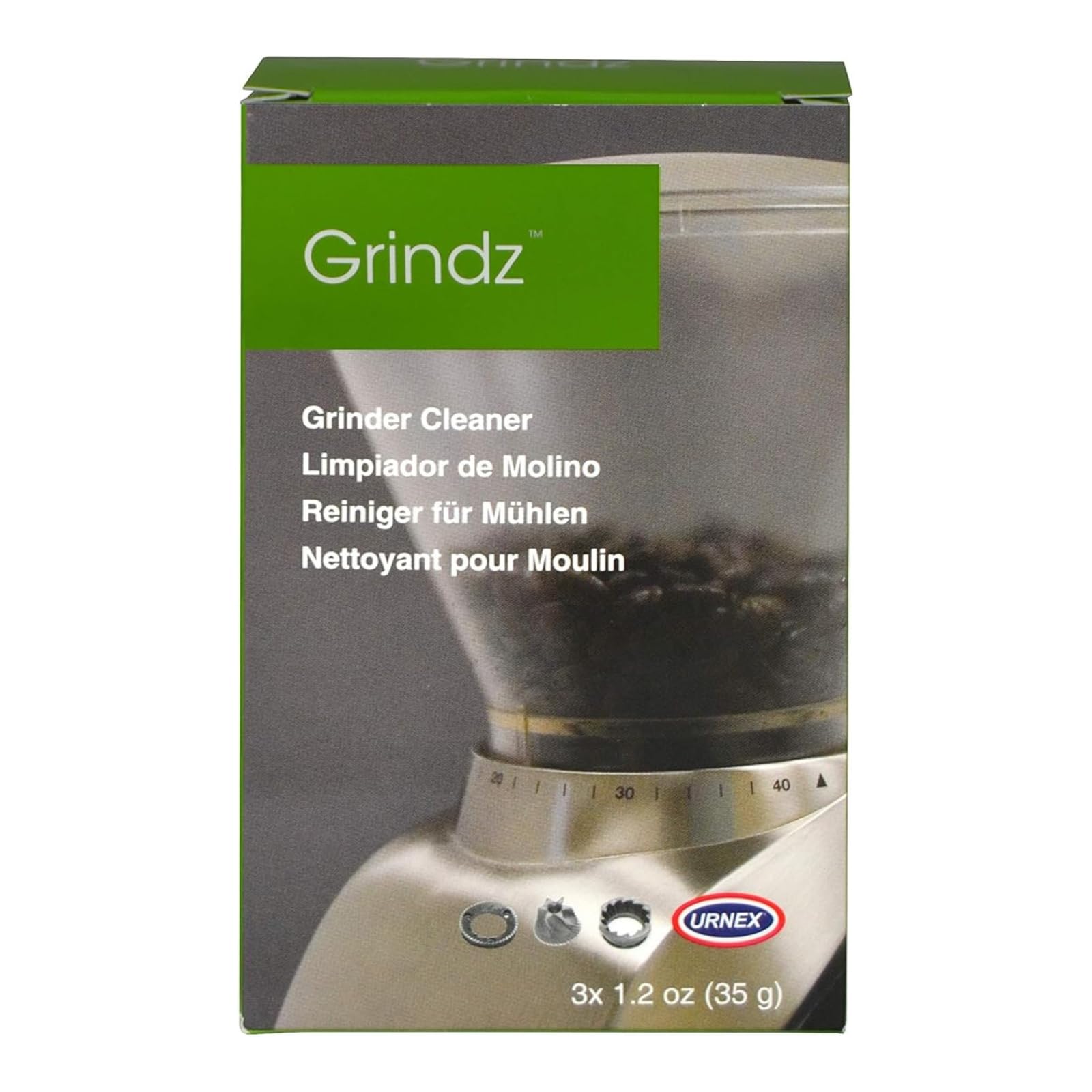 Urnex Grindz cleaning tablets 3-pack for home grinder maintenance.