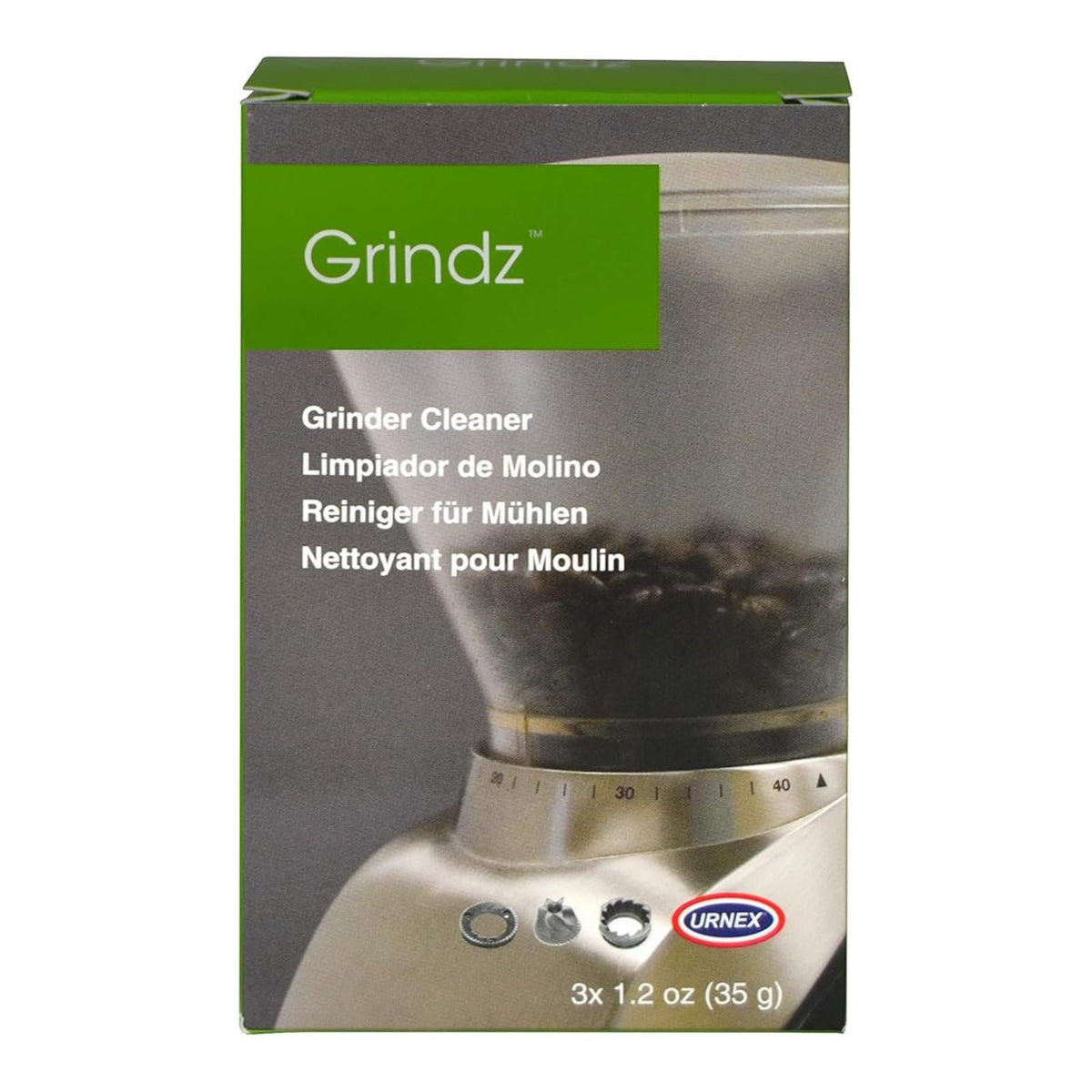Urnex Grindz cleaning tablets 3-pack for home grinder maintenance.