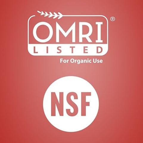 OMRI and NSF logos beside Cafiza jar indicating certification.